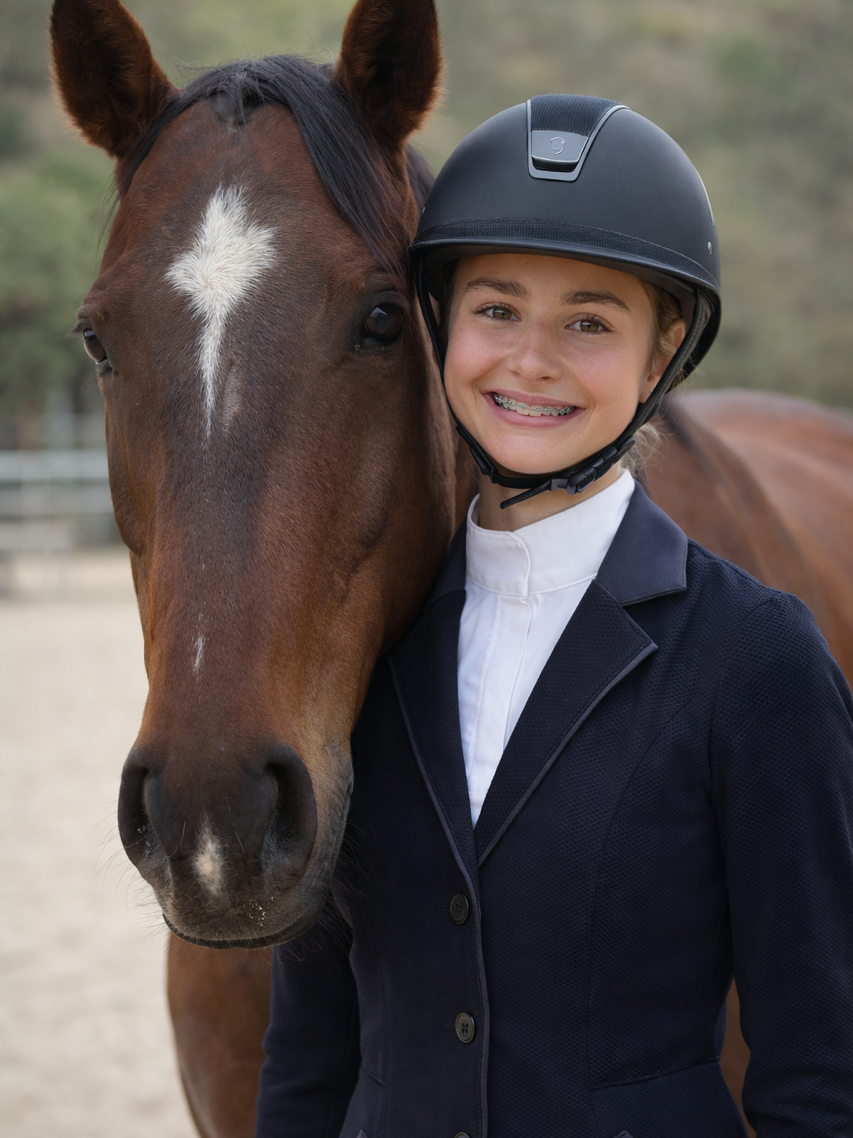 Lily Kagchelland, young girl wearing a black riding helmet and a navy equestrian jacket, smiling while standing next to a brown horse with a white star mark on its forehead.